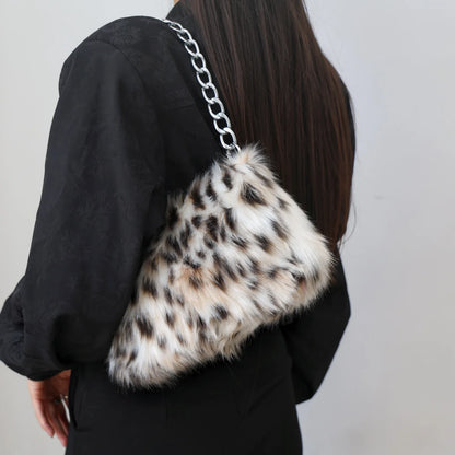Luxury Leopard Design Plush Underarm Bag for Women Winter Faux Furry Chain Shoulder Bags Female Furry Dinner Purse Handbags