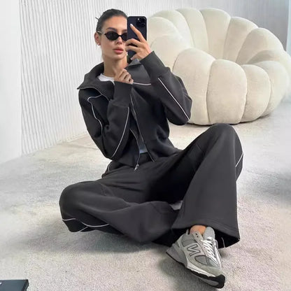 Women's Autumn Casual Long Sleeve Zipper Hoodie Jacket Striped Elastic Pants Set Fashionable Two-Piece Suit Comfortable Wear - Kimlud
