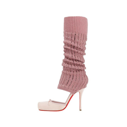 European AndAmerican Trendy High-heeled Square Toe Ballet Shoes for Women,sexy Rhinestone Bow Bag and Long Tube Socks,cool Boots - Kimlud