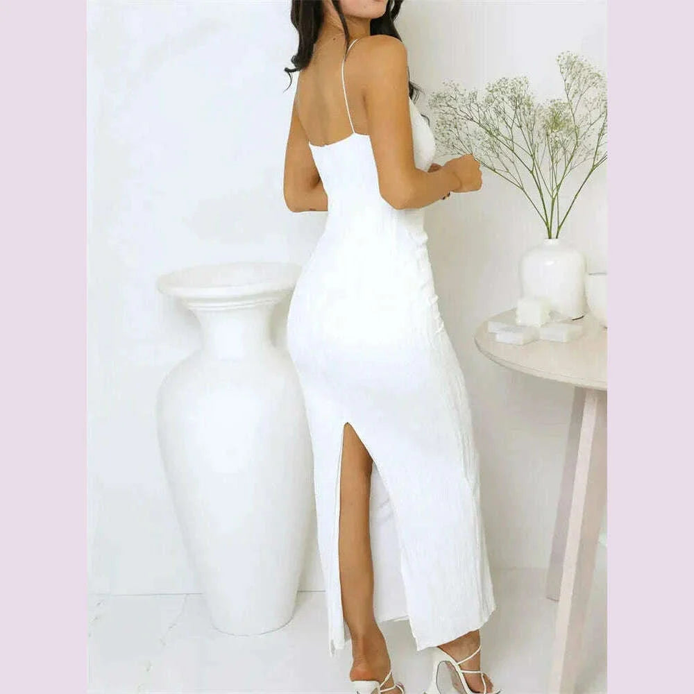 Sexy Women Long Dress Ruched Sleeveless Slim Solid Summer Party Back Split Dress Clubwear Female Vestido Outfits
