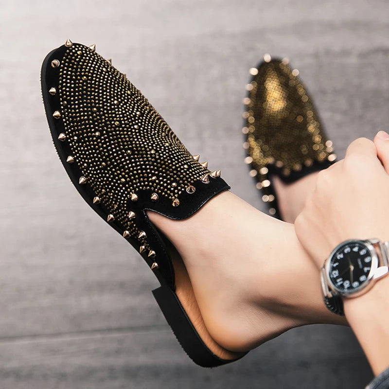 New Gold Hip-hop Rock Punk Rivet Rhinestones Shoes For Men Half Slippers Summer Fashion Casual Mules Moccasins Loafers - Kimlud