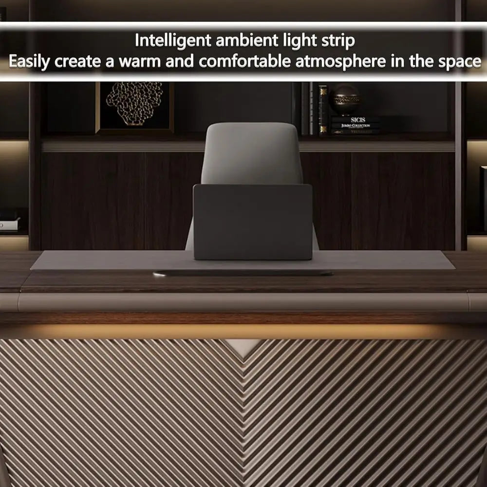 Sleek Straight Desk with Drawers, Home Office Computer Table, Solid Wood Storage, Ambient Light, Wire Management, Easy Assembly, - Kimlud
