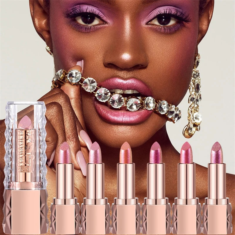 Pink Luxurious Metallic Glitter Lipstick Lasting Waterproof Shimmery Pearl Sparkling Hydrating Lipstick Women Makeup Cosmetic