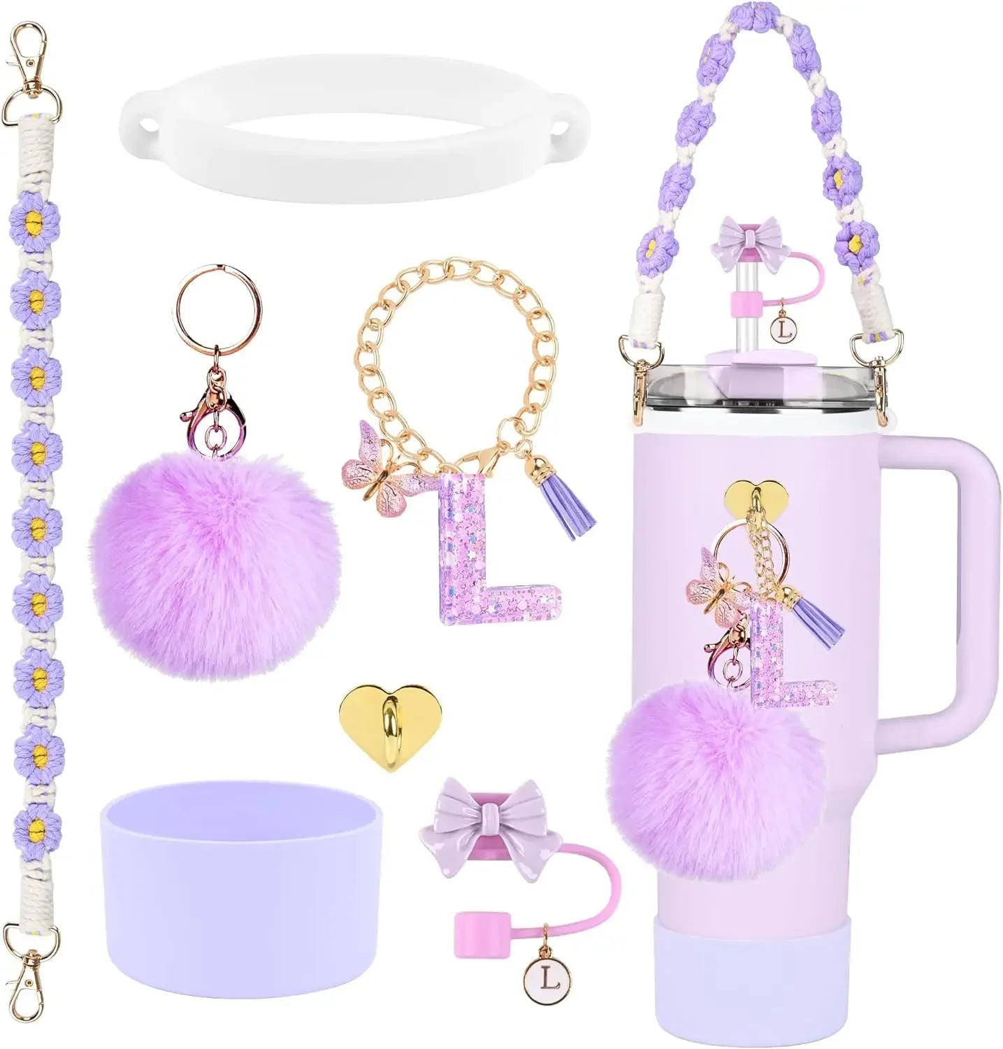 7PCS Accessories Set for Stanley Cup Purple Straw Topper Cup Boot Water Bottle Handle Strap Letter Charms 40oz 30oz Tumbler