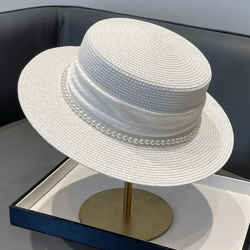 2025 Summer Elegant Pearl Chain Flat Sun Hats for Women Chapeau Feminino Straw Hat Panama Wide Brim Anti-UV Beach Cap...