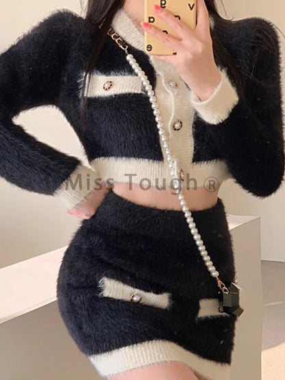 Winter Fluffy Knit 2 Piece Set Women Patchwork French Vintage Mini Skirt Suit Female Korean Fashion Elegant Office Lady Set 2024