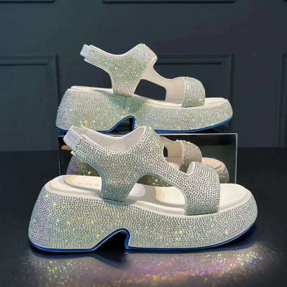 Fashion Luxury Rhinestone Women Sandals Summer New Sheepskin Elastic Band Thick-soled Open-toed Roman Flat Sandals