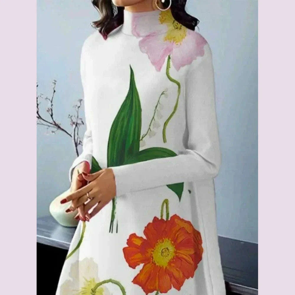 Modigirl Autumn Fall Long Sleeves Dress for Female 2024 Clothes High Neck Printed Elegant Party Evening Flower Midi Dresses