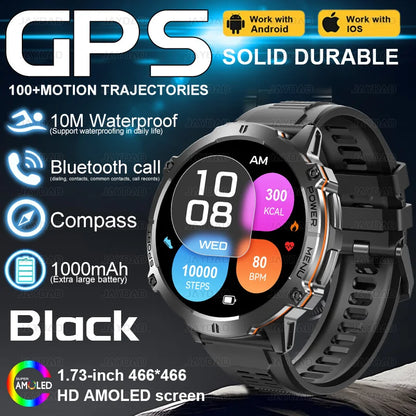 2025New Outdoor Military GPS Compass Smart Watch Men 1.73"HD AMOLED Screen 1000MAH Heart Rate BT Call IP68 Waterproof Smartwat