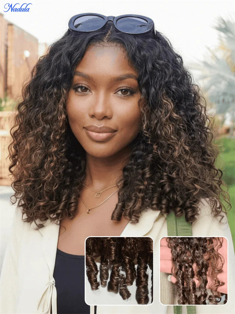 Nadula 7x5 Bye-Bye Slip™ Glueless Wig Chestnut Brown Ombre Burmese Curly With Finger Coil Ends Drawstring Human Hair Wig...