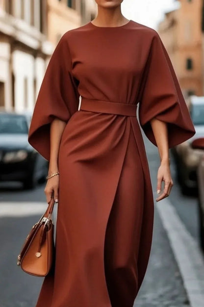 Women's Solid Color Batwing Sleeve Midi Dress Round Neck Solid Color Belted Wrap Hem Loose Fit Party Cocktail Ladies Dresses