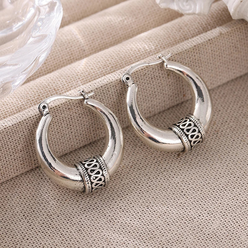 Vintage Hand Carved Pattern Hoops Women's Earrings Ethnic Silvery Color Metal Geometry Daily Wear Party Jewelry | Kimlud...