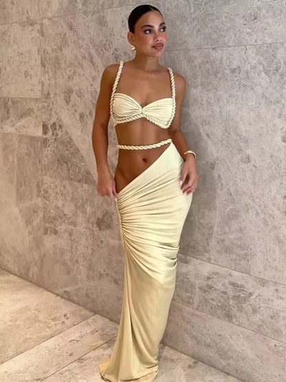 Sexy 2 Piece Set Women Straps Folds Crop Top + Ruched Bodycon Long Skirt Two Piece Dresses Sets Elegant Evening Club...