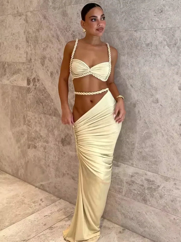Sexy 2 Piece Set Women Straps Folds Crop Top + Ruched Bodycon Long Skirt Two Piece Dresses Sets Elegant Evening Club...