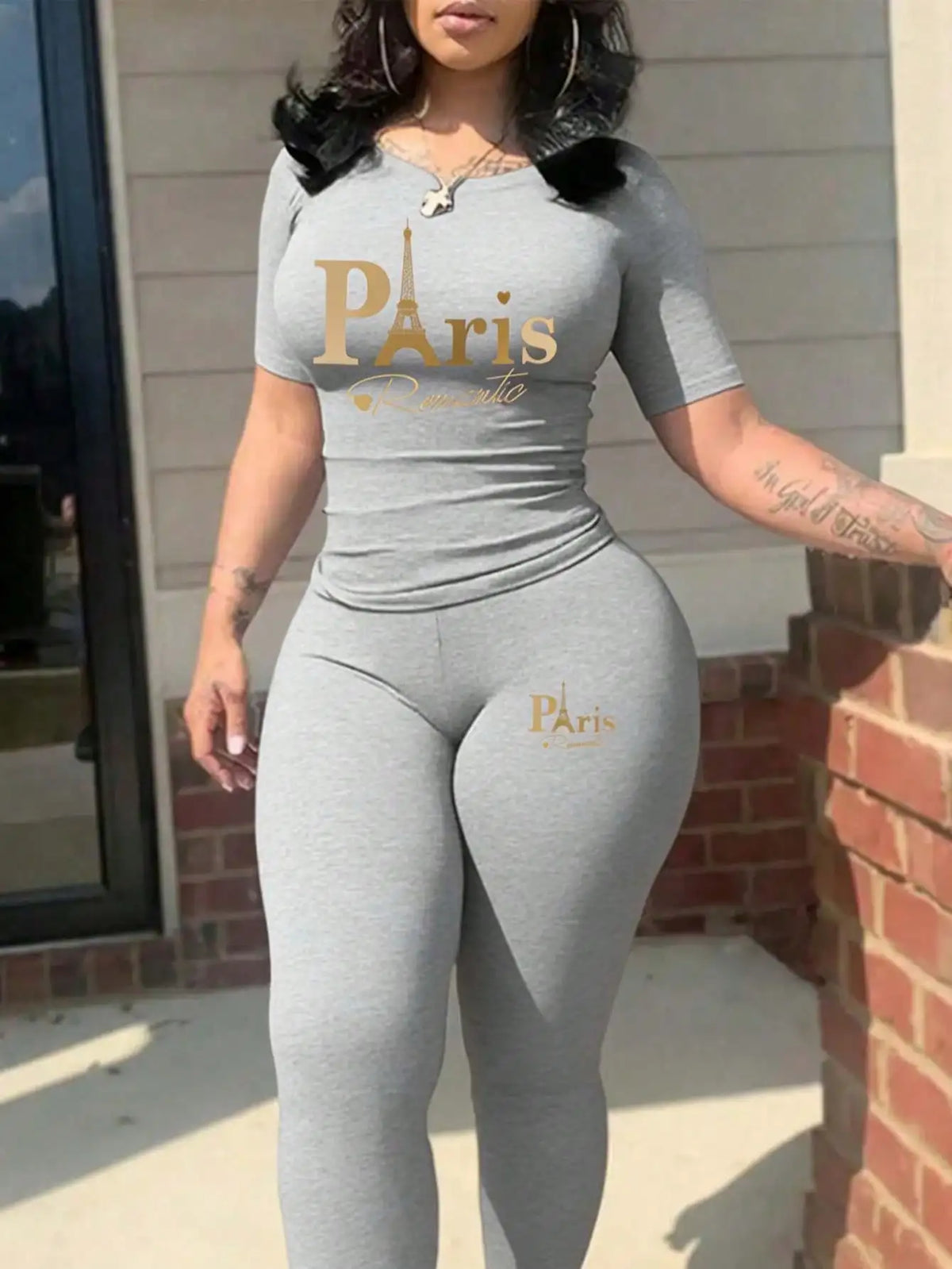 Women's Paris Printed Two-Piece Set Casual round Neck Short Sleeve T-Shirt And High Waist Tight Pants Long Pants Outfit...
