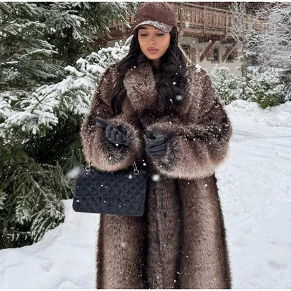 Fashion Brown Faux Fur Overcoat Women Luxury Lapel Long Sleeve Fluffy Coat 2025 Winter Female Thicken Warm High Street Outwear