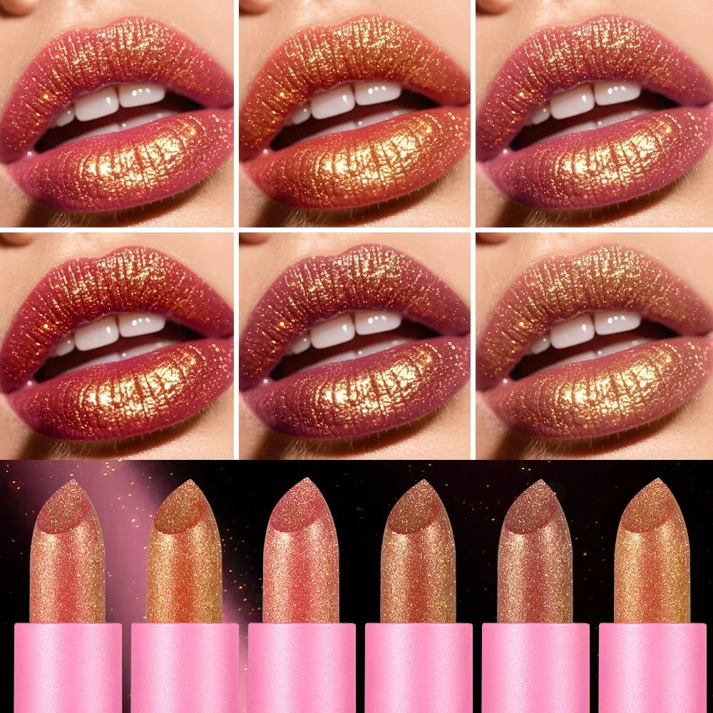 6 Colors Glitter Lipstick Hydrating Red Pink Sparkling Shine Lip Color Highly Pigmented Lip Tints Metallic Finish Lip...