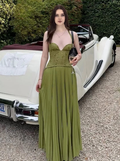 Sexy Halter Neck Lace Corset Pleated Maxi Dress Women Green Sleeveless Backless Lace-up A-line Long Dresses Evening...