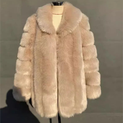 2025 Winter Women's Mid-Length Faux Fox Fur Coat Plush Luxe Warm faux fur Trench Elegant Thermal Outerwear Faux Fur Tops