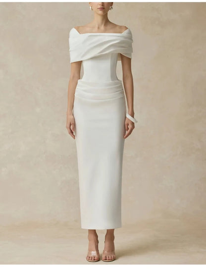 French Elegant Temperament Off-shoulder Short Sleeves High Waist Bodycon White Evening Party Long Dress for Women 2026...