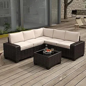 6 Pieces Patio Furniture Set, Outdoor Sectional Set of 6 w/Wide Armrest, Waterproof Wicker Conversation Set for...