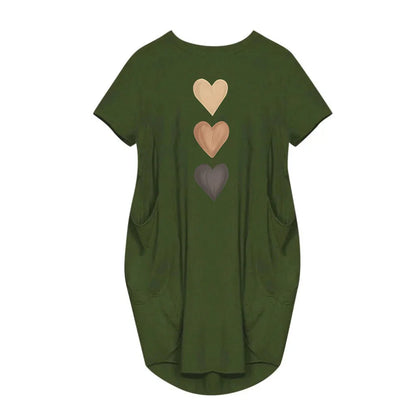 Women's three heart-shaped printed pocket dress, casual round neck short sleeved dress for spring and summer women's wear
