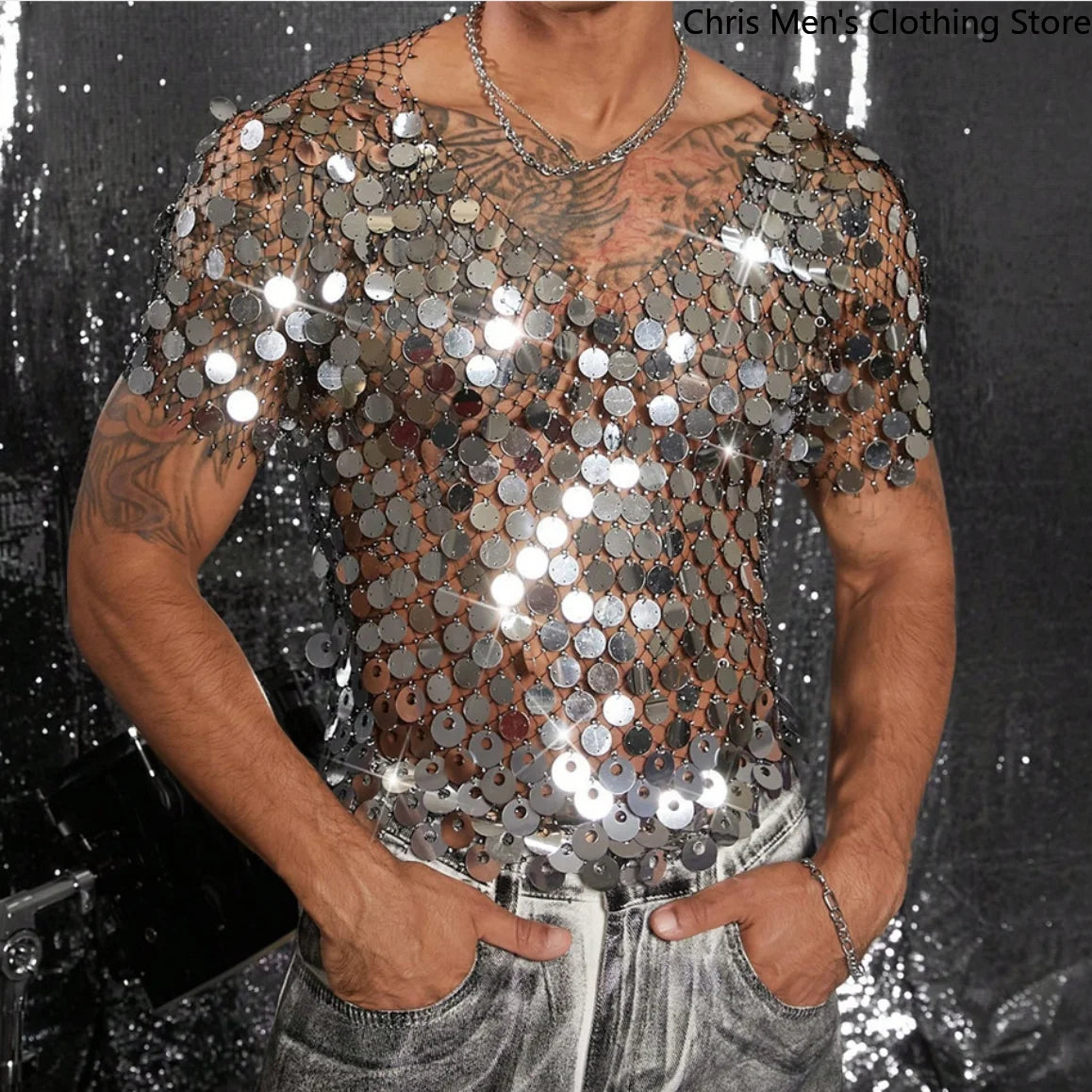 Men's Shiny Transparent Net-silk Sequin Short-sleeved Shirt, Suitable for Festival Disco Shoots and Stage Performances. - Kimlud