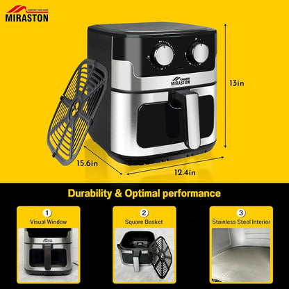 8.5QT Air Fryer, Upgraded Family Size Capacity, Visual Window, Square Basket Dials Stainless Steel Air Fryers, Reheat Leftovers,