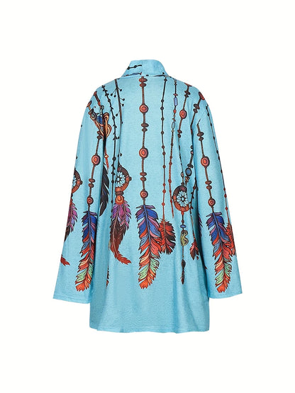 Plus Size 2024 Autumn New Women's Fashion Long Sleeve Retro Feather Print Jacket Cardigan Casual Loose