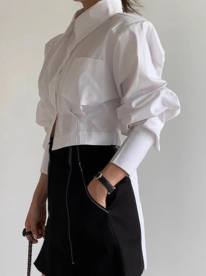 Zoki Korean Cropped White Shirts Women Back Lace Up Design Blouse Vintage Casual Long Sleeve Lady Elegant Hollow Out Spring Tops - Kimlud