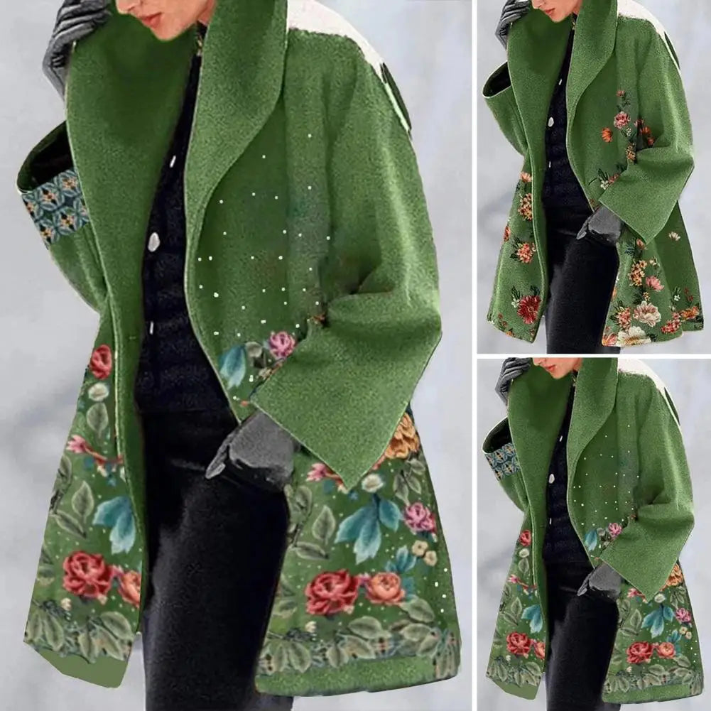 Spring Jacket Elegant Flower Print Women's Fall Winter Overcoat with Turn-down Collar Plus Size Mid Length Loose Thick Warm Long