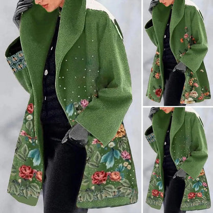 Spring Jacket Elegant Flower Print Women's Fall Winter Overcoat with Turn-down Collar Plus Size Mid Length Loose Thick Warm Long