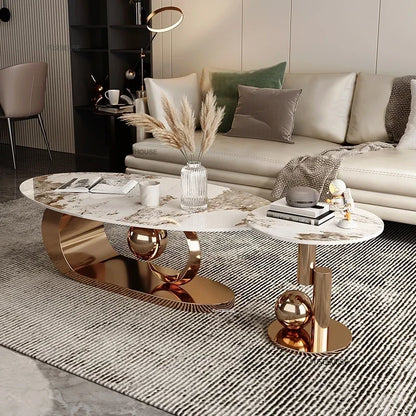 Italian Rock Plate Coffee Tables Living Room Luxury Oval Side Table Creative Wrought Iron Center Table Set Nordic Home...