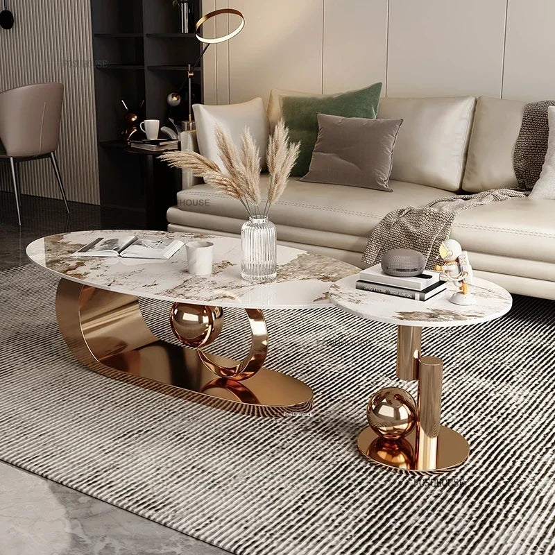Italian Rock Plate Coffee Tables Living Room Luxury Oval Side Table Creative Wrought Iron Center Table Set Nordic Home...