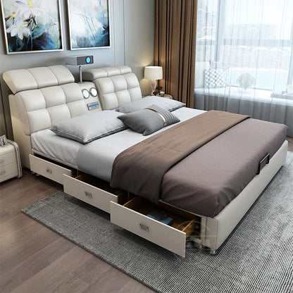 Linlamlim Ultimate Tech Smart Bed - Multifunctional Bedframe with Genuine Leather and Bluetooth Speaker, Drawers,...