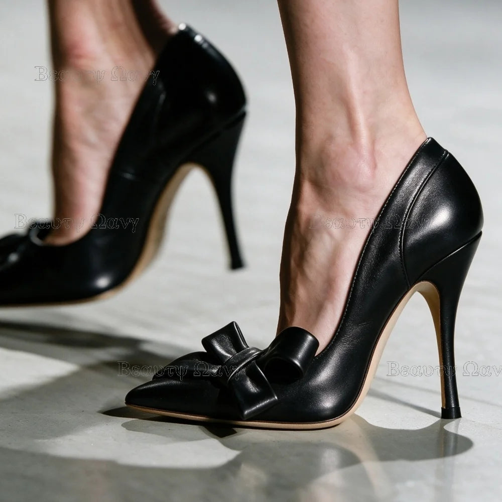 Red Bow Knot Pumps Pointed Toe Women Shoes Solid Slip on Thin High Heel Shoes for Girls Zapatos Para Hombres