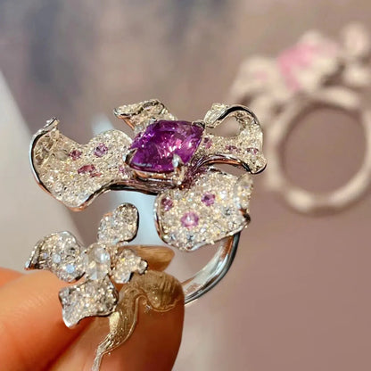 2022 New Trendy Big 925 Ring Amethyst Zircon Flower Open Rings for Women Luxury INS Style Party Dinner Sterling Silver...