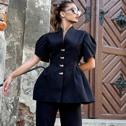 Linad Elegant Wine Red Puff Sleeve Woman Blouse 2026 Vintage Single Breasted Tops Spring Street Chic Black V Neck Ladies Tops - Kimlud