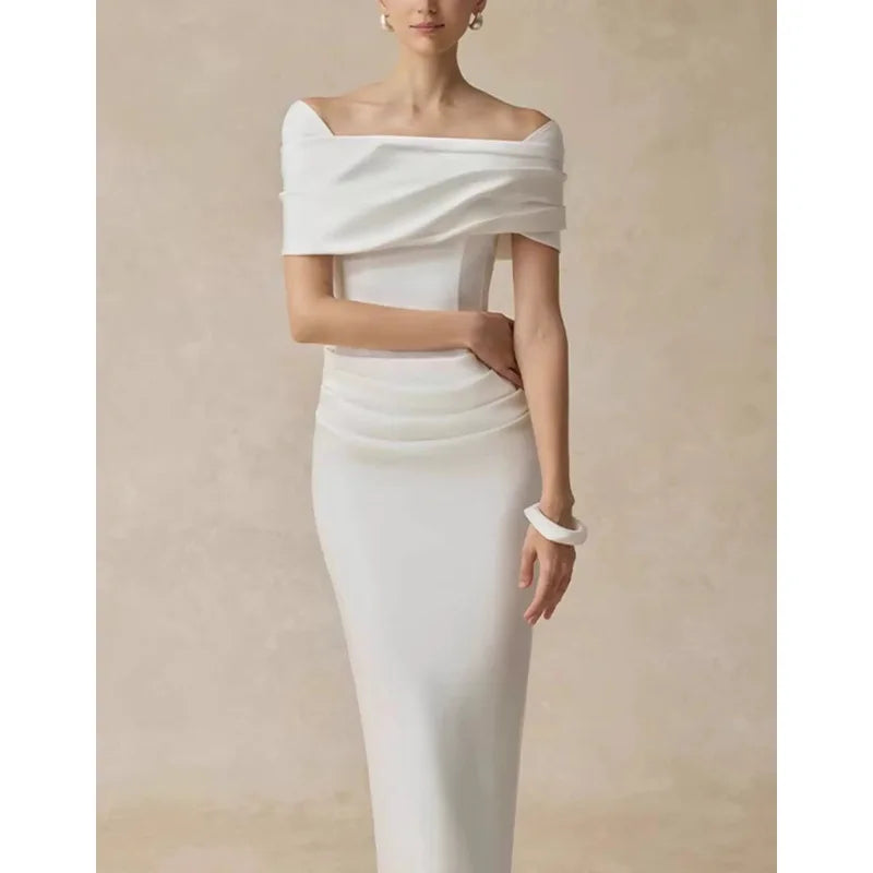 French Elegant Temperament Off-shoulder Short Sleeves High Waist Bodycon White Evening Party Long Dress for Women 2026...