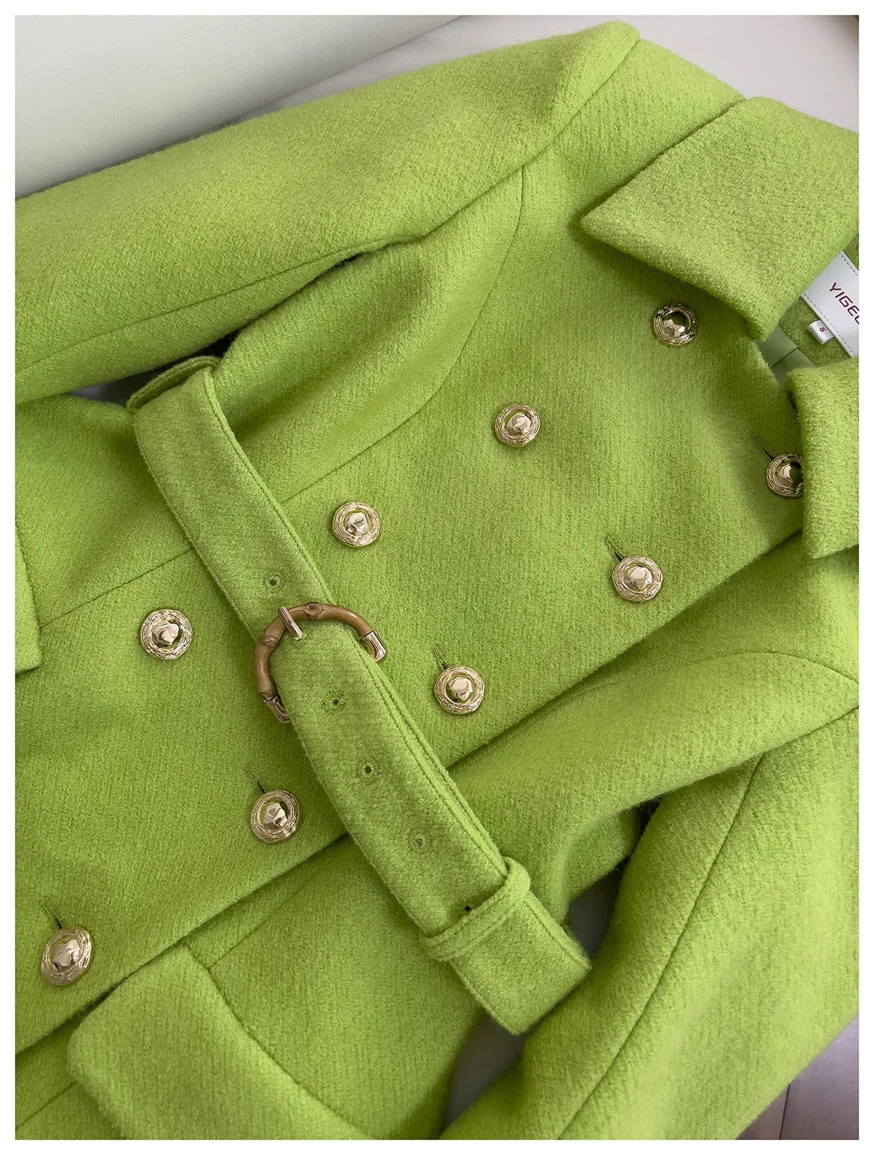 IEQJ Fashion Autumn Winter Green Woolen Coat Women Turn Down Collar Long Sleeves Double Breasted Sashes Slim Blends Coats New