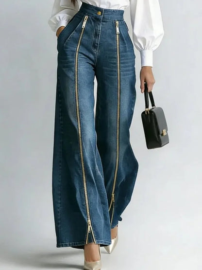 SHENGPALAE Women Denim Jeans High Waist Wide Leg Double Zipper Spliced Split Hem Vintage Streetwear Chic Autumn 2026 New...