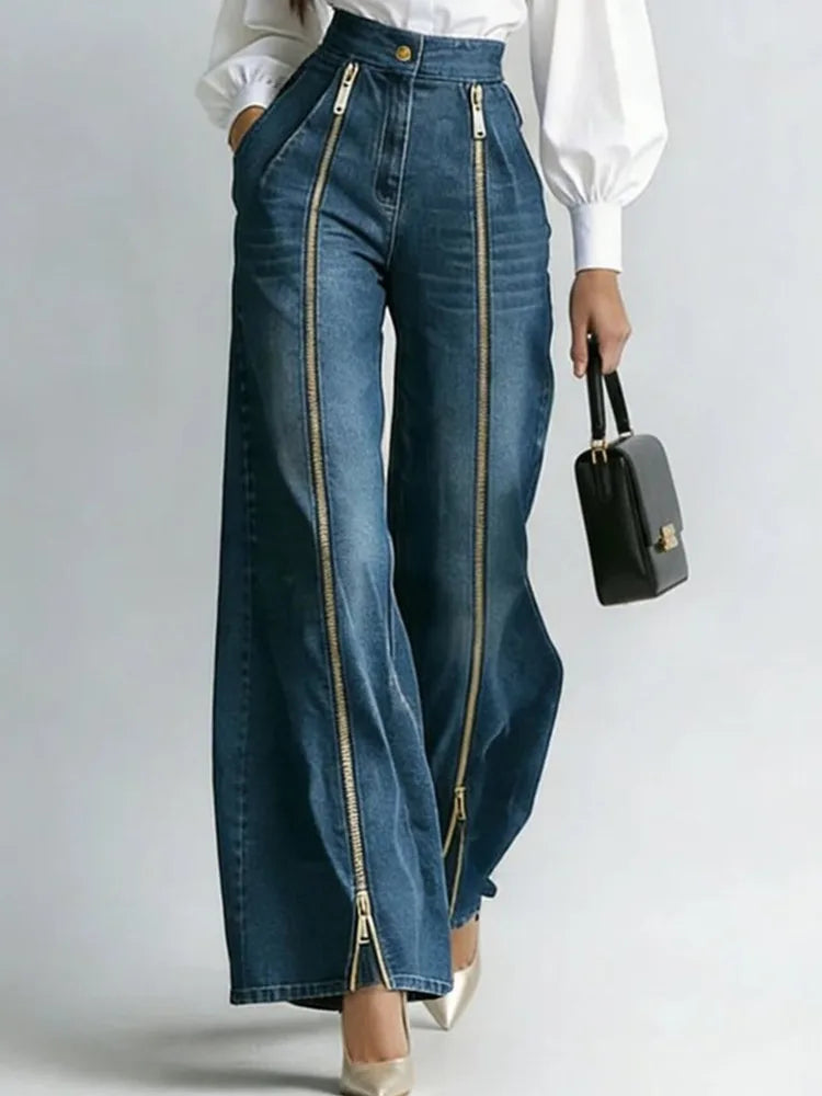 SHENGPALAE Women Denim Jeans High Waist Wide Leg Double Zipper Spliced Split Hem Vintage Streetwear Chic Autumn 2026 New...