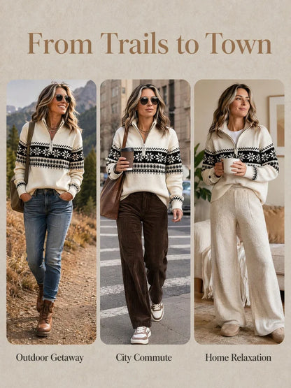 Women Snowflake Fair Isle Jacquard Half Zip Mock Neck Sweater Cream White Long Sleeve Ribbed Cuff Warm Knit Pullover |...