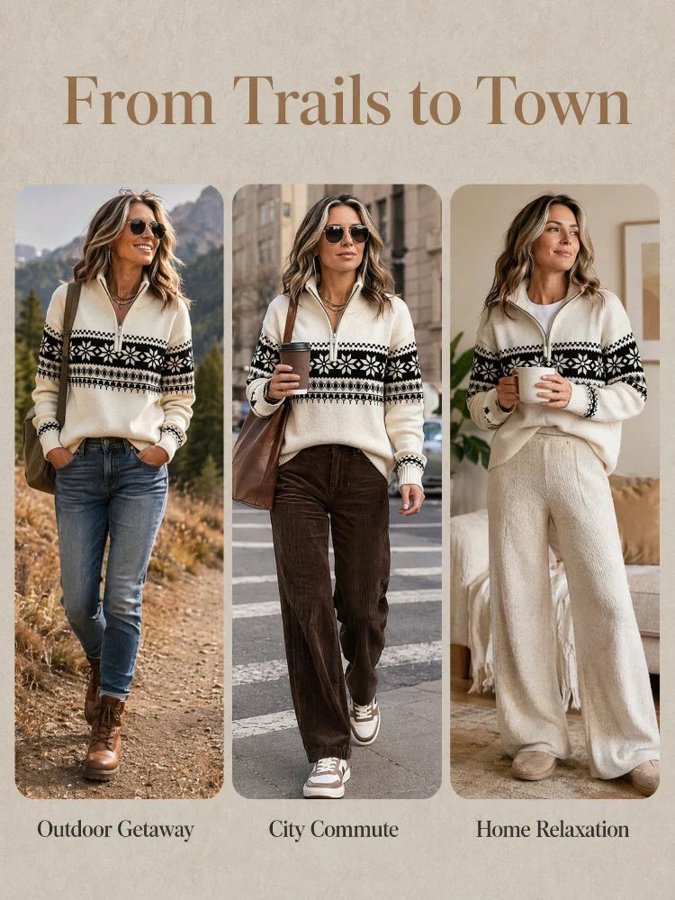 Women Snowflake Fair Isle Jacquard Half Zip Mock Neck Sweater Cream White Long Sleeve Ribbed Cuff Warm Knit Pullover |...