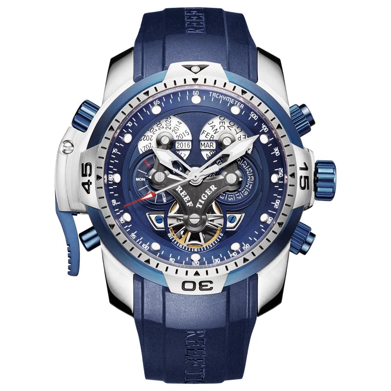 Reef Tiger Men's 46mm Automatic Mechanical Watch with Luminous Hands/Markers, Sapphire Crystal, and Year/Month/Day/Date Display