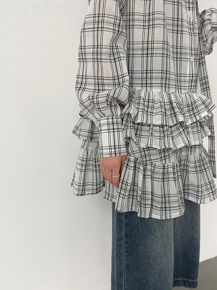 [EAM] Women Black Plaid Ruffles Big Size Elegant Blouse New V-neck Long Sleeve Shirt Fashion Tide Spring Autumn 2026...