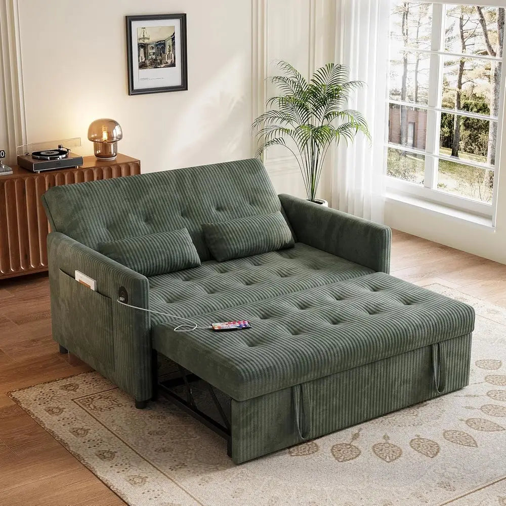 Green Corduroy 3-in-1 Sleeper Sofa with Pull-Out Bed, Storage and USB Ports for Small Living Spaces - Kimlud