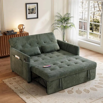 Green Corduroy 3-in-1 Sleeper Sofa with Pull-Out Bed, Storage and USB Ports for Small Living Spaces - Kimlud
