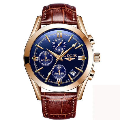 LIGE Fashion Men Watches Top Brand Luxury Military Quartz Watch for Men Business Leather Waterproof Casual Sport Chronograph New