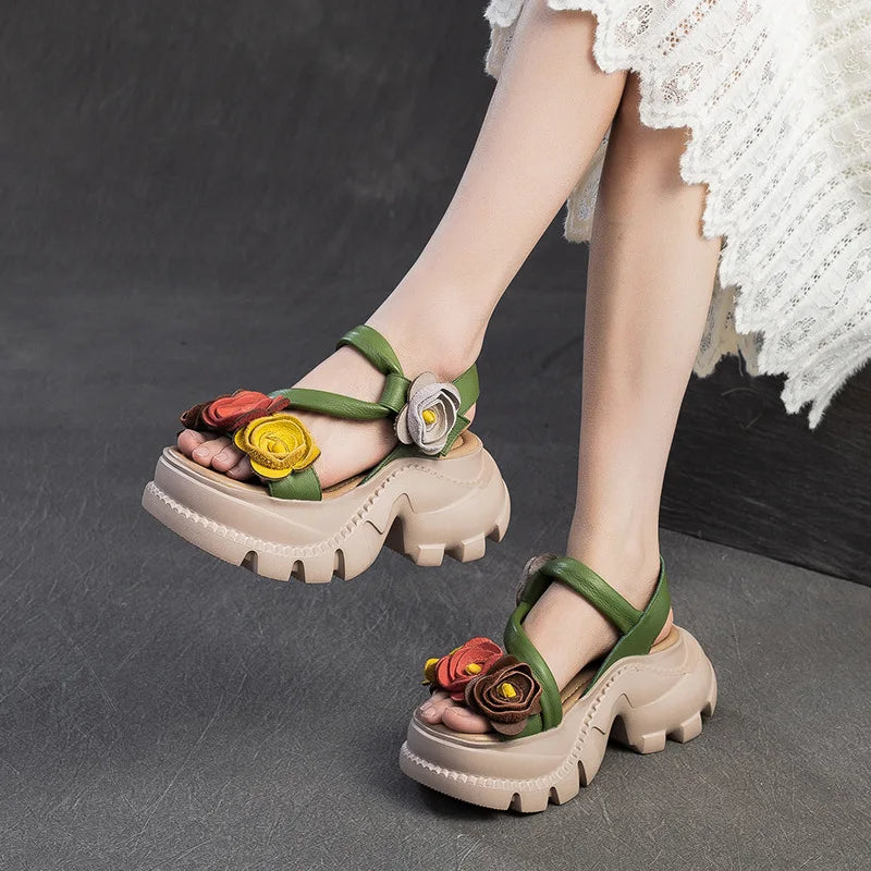 Koznoy 7cm Cow Genuine Leather Platform Wedge Women Summer Flower Slippers Pumps Hook Hollow Mary Jane Sandals Shoes Flats - Kimlud